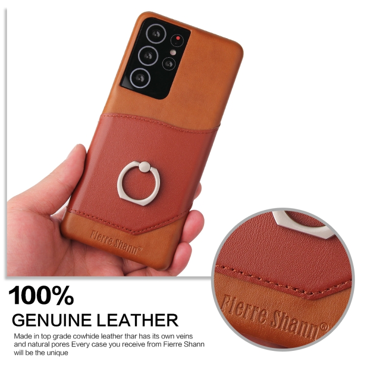 For Samsung Galaxy S21+ 5G Fierre Shann Oil Wax Texture Genuine Leather Back Cover Case with 360 Degree Rotation Holder & Card Slot(Brown) For Samsung Galaxy S21+ 5G Fierre Shann Oil Wax Texture Genuine Leather Back Cover Case with 360 Degree Rotation Holder & Card Slot(Brown)