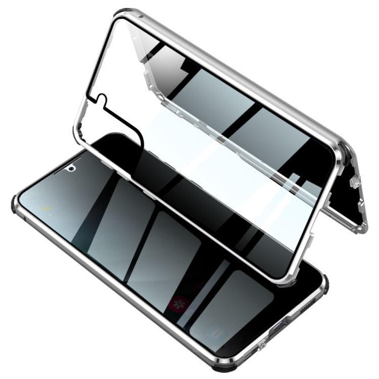 For Samsung Galaxy S21 Ultra 5G Four-corner Shockproof Anti-peeping Magnetic Metal Frame Double-sided Tempered Glass Case(Silver) For Samsung Galaxy S21 Ultra 5G Four-corner Shockproof Anti-peeping Magnetic Metal Frame Double-sided Tempered Glass Case(Silver)