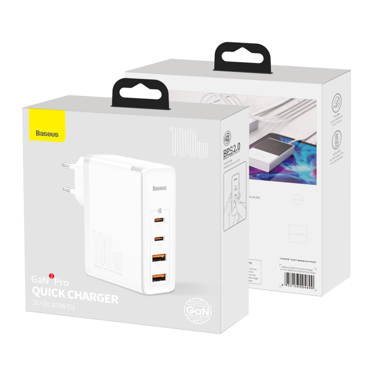 Baseus CCGAN2P-L02 GaN2 Pro 100W 2 x USB + 2 x Type-C Ports Quick Charger with Type-C Cable, EU Plug(White) Baseus CCGAN2P-L02 GaN2 Pro 100W 2 x USB + 2 x Type-C Ports Quick Charger with Type-C Cable, EU Plug(White)