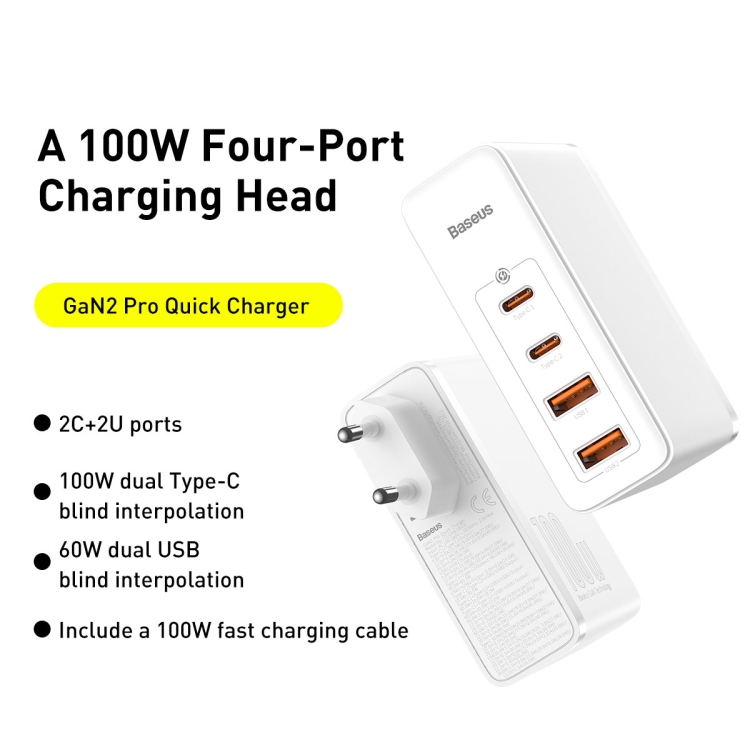 Baseus CCGAN2P-L02 GaN2 Pro 100W 2 x USB + 2 x Type-C Ports Quick Charger with Type-C Cable, EU Plug(White) Baseus CCGAN2P-L02 GaN2 Pro 100W 2 x USB + 2 x Type-C Ports Quick Charger with Type-C Cable, EU Plug(White)