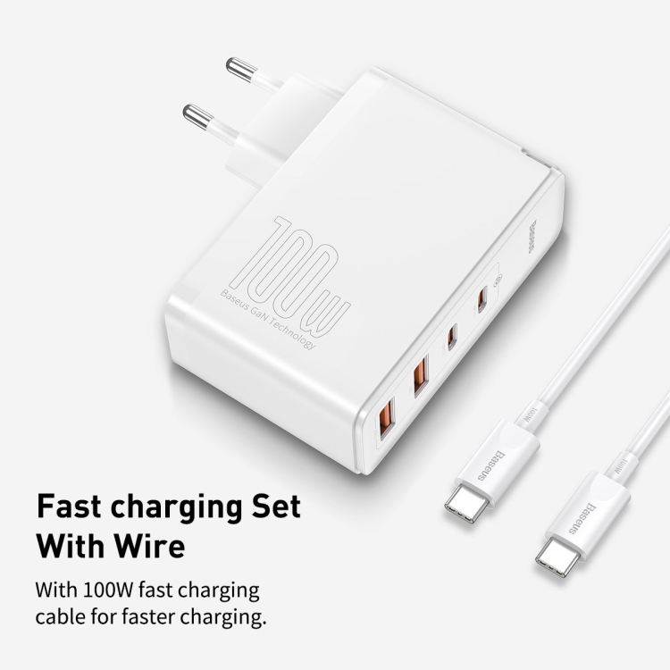 Baseus CCGAN2P-L02 GaN2 Pro 100W 2 x USB + 2 x Type-C Ports Quick Charger with Type-C Cable, EU Plug(White) Baseus CCGAN2P-L02 GaN2 Pro 100W 2 x USB + 2 x Type-C Ports Quick Charger with Type-C Cable, EU Plug(White)