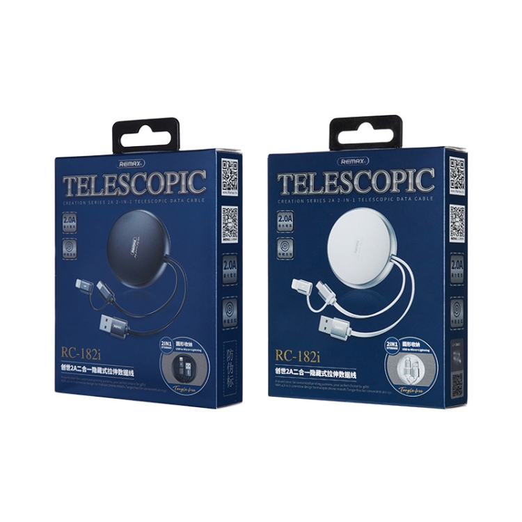 Remax RC-182i 2A 2 In 1 8 Pin + Micro USB Creation Series Telescopic Charging Data Cable, Length: 90cm(Black)