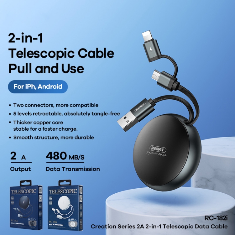 Remax RC-182i 2A 2 In 1 8 Pin + Micro USB Creation Series Telescopic Charging Data Cable, Length: 90cm(Black)