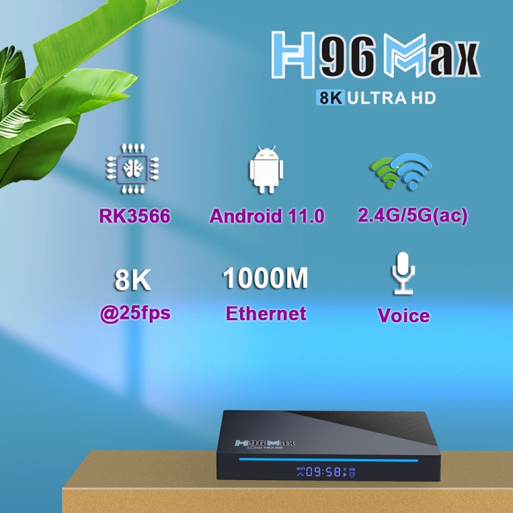 H96 MAX 8K Smart TV Box Android 11.0 Reproductor de medios con control  remoto, Cuadro RK3566, RAM: 8GB, ROM: 64GB, FRECUENCIA DUAL 2.4GHz WIFI /  5G, Tipo de enchufe: UK PLUG