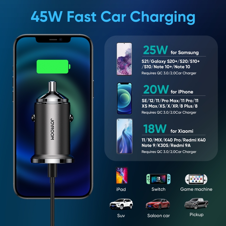 JOYROOM C-A35 45W Mini Dual-port PD + QC 3.0 Ring-pull Fast Car Charger(Black) JOYROOM C-A35 45W Mini Dual-port PD + QC 3.0 Ring-pull Fast Car Charger(Black)