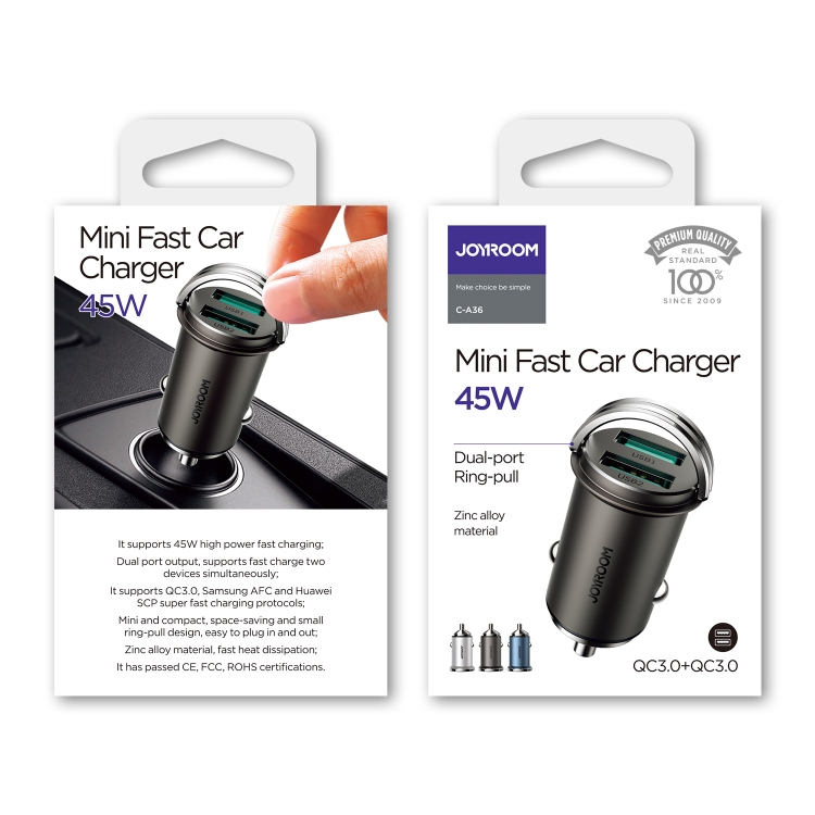 JOYROOM C-A36 45W Mini Dual-port Ring-pull Fast Car Charger(Black) JOYROOM C-A36 45W Mini Dual-port Ring-pull Fast Car Charger(Black)