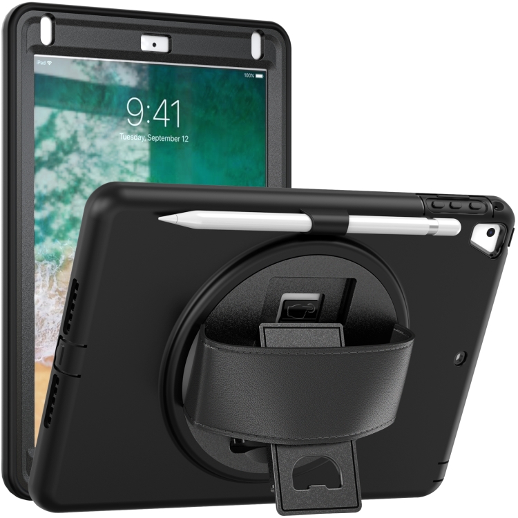 360 Degree Rotation PC+TPU Protective Cover with Holder & Hand Strap & Pen Slot For Apple iPad Air(Black)