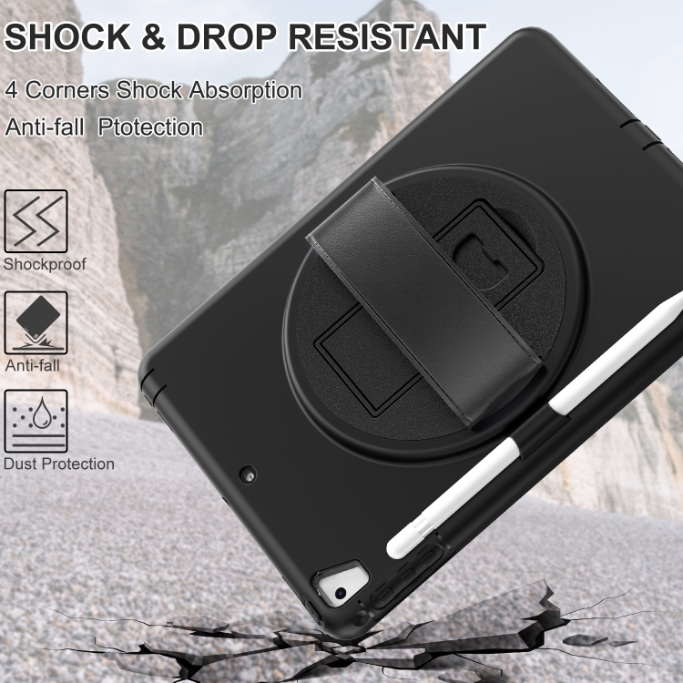 360 Degree Rotation PC+TPU Protective Cover with Holder & Hand Strap & Pen Slot For Apple iPad Air(Black)