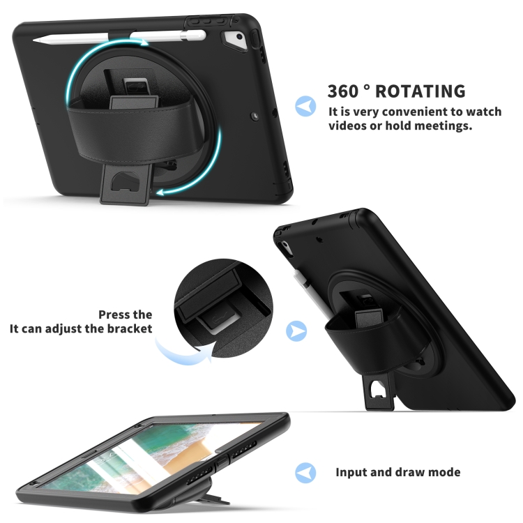360 Degree Rotation PC+TPU Protective Cover with Holder & Hand Strap & Pen Slot For Apple iPad Air(Black)