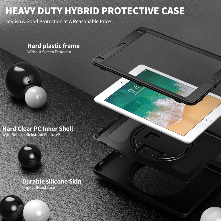 360 Degree Rotation PC+TPU Protective Cover with Holder & Hand Strap & Pen Slot For Apple iPad Air(Black)