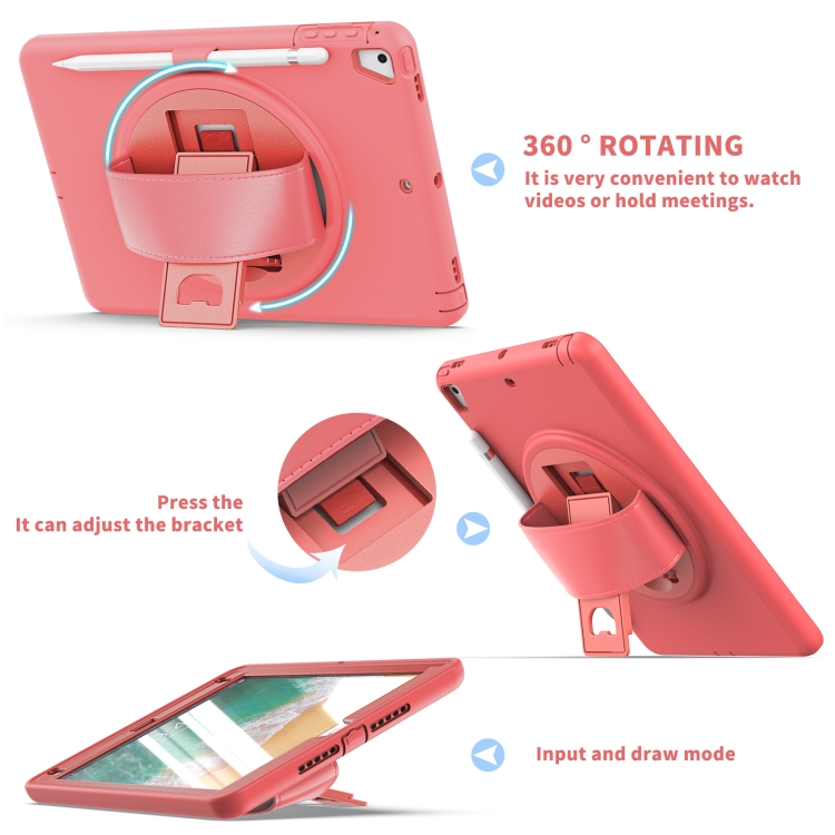 360 Degree Rotation PC+TPU Protective Cover with Holder & Hand Strap & Pen Slot For Apple iPad Air 2(Coral Orange)