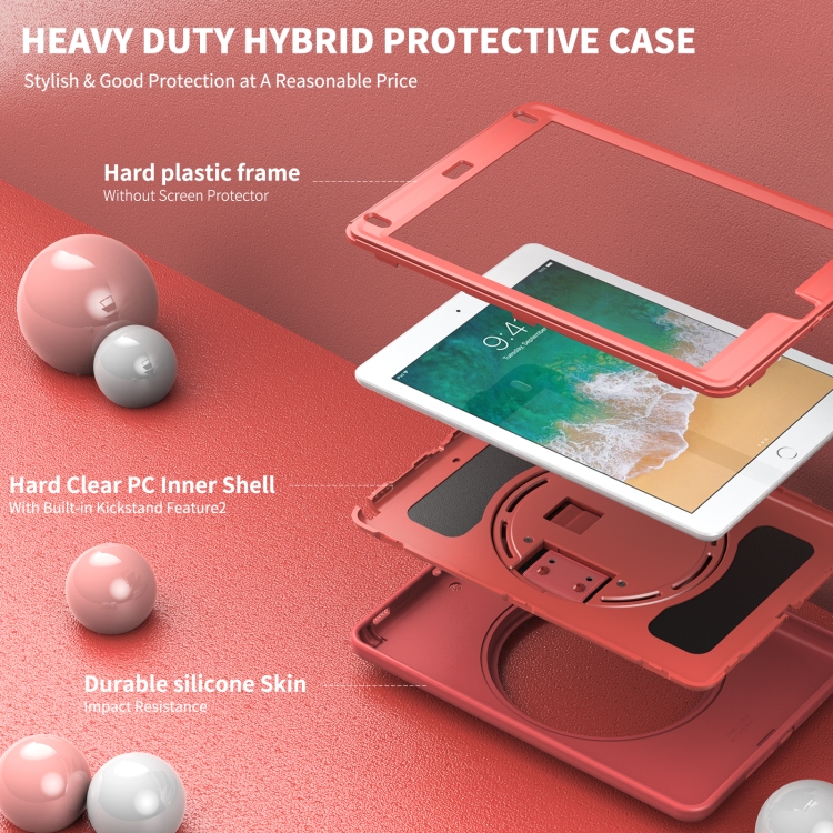 360 Degree Rotation PC+TPU Protective Cover with Holder & Hand Strap & Pen Slot For Apple iPad Air 2(Coral Orange)