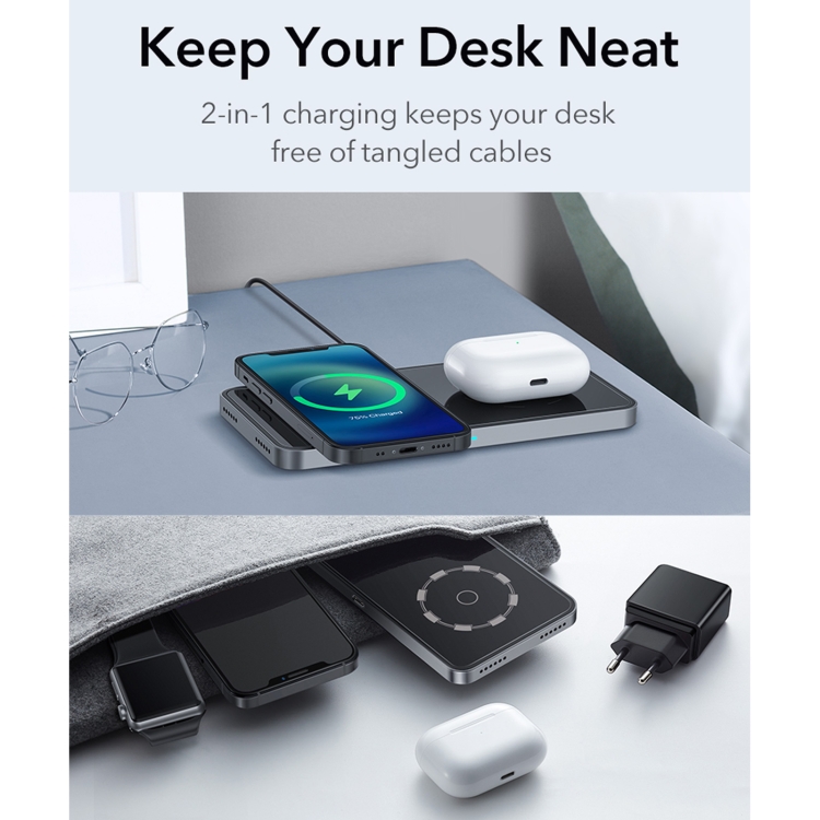 ESR EFC004O HaloLock 2 In 1 Magnetic Dual Core Charging Pad for iPhone 12 Series & AirPods, EU Plug(Black) ESR EFC004O HaloLock 2 In 1 Magnetic Dual Core Charging Pad for iPhone 12 Series & AirPods, EU Plug(Black)