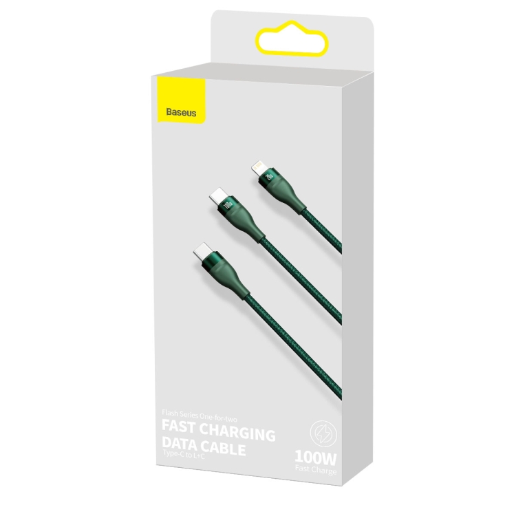 Baseus CA1T2-F06 Flash Series 100W 2 in 1 USB-C / Type-C to USB-C / Type-C + 8 Pin Ports Fast Charging Data Cable, Cable Length: 1.2m(Dark Green) Baseus CA1T2-F06 Flash Series 100W 2 in 1 USB-C / Type-C to USB-C / Type-C + 8 Pin Ports Fast Charging Data Cable, Cable Length: 1.2m(Dark Green)