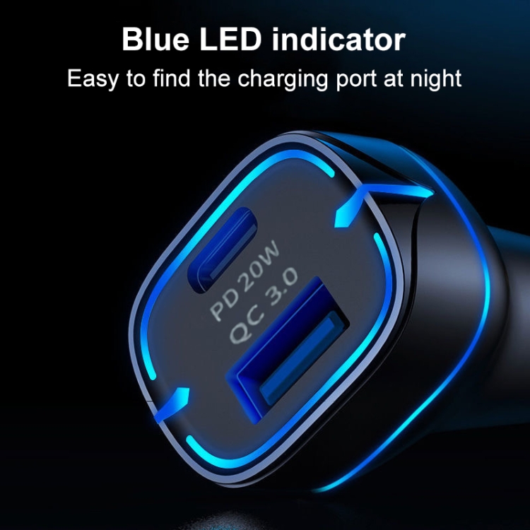QC USB + USB-C / Type-C Dual Ports Fast Charging Car Charger with Luminous Aperture(Black) QC USB + USB-C / Type-C Dual Ports Fast Charging Car Charger with Luminous Aperture(Black)