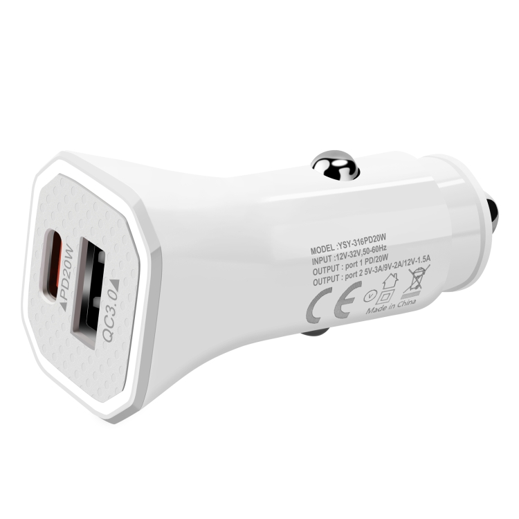 YSY-316PD20W QC3.0 USB + PD 20W USB-C / Type-C Polygon Dual Ports Fast Charging Car Charger(White) YSY-316PD20W QC3.0 USB + PD 20W USB-C / Type-C Polygon Dual Ports Fast Charging Car Charger(White)