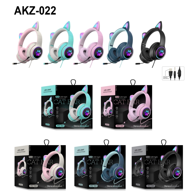 AKZ-022 USB + 3.5mm Port Cat Ear Ore Oreja Auriculares LED plegables con micrófono (azul oscuro) - B1