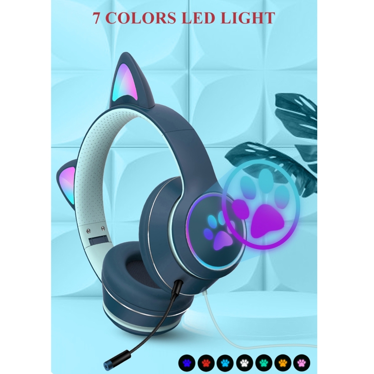 AKZ-022 USB + 3.5mm Port Cat Ear Ore Oreja Auriculares LED plegables con micrófono (azul oscuro) - B3