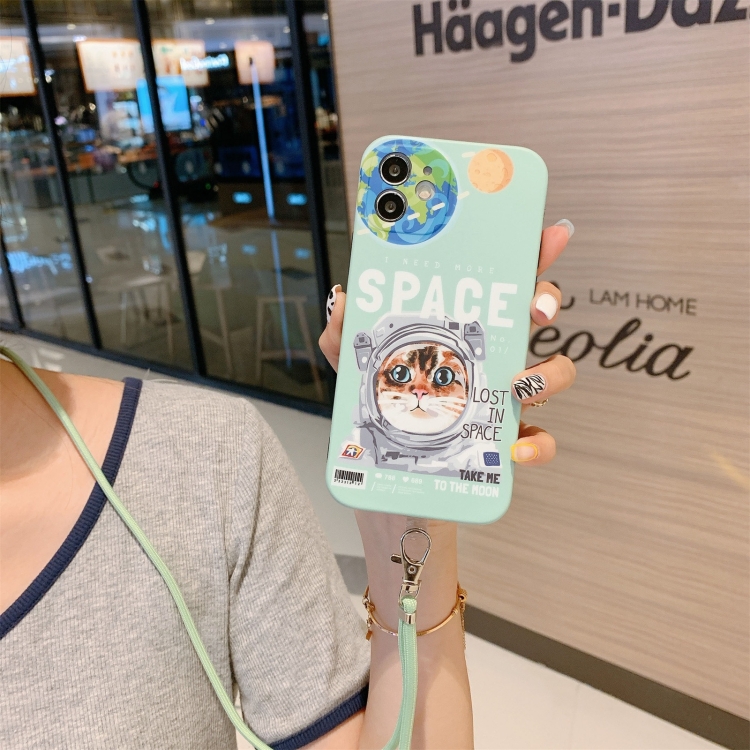 For iPhone 12 Space Cat Pattern IMD Shockproof Protective Case with Lanyard(Green) For iPhone 12 Space Cat Pattern IMD Shockproof Protective Case with Lanyard(Green)