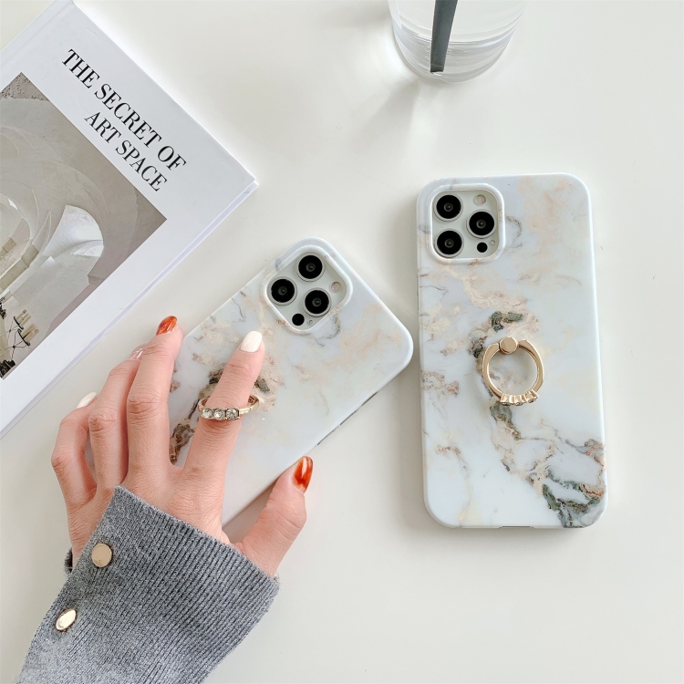 For iPhone 12 mini White Gilding Marble Double-sided Coated Protective Case with Ring Buckle Holder For iPhone 12 mini White Gilding Marble Double-sided Coated Protective Case with Ring Buckle Holder