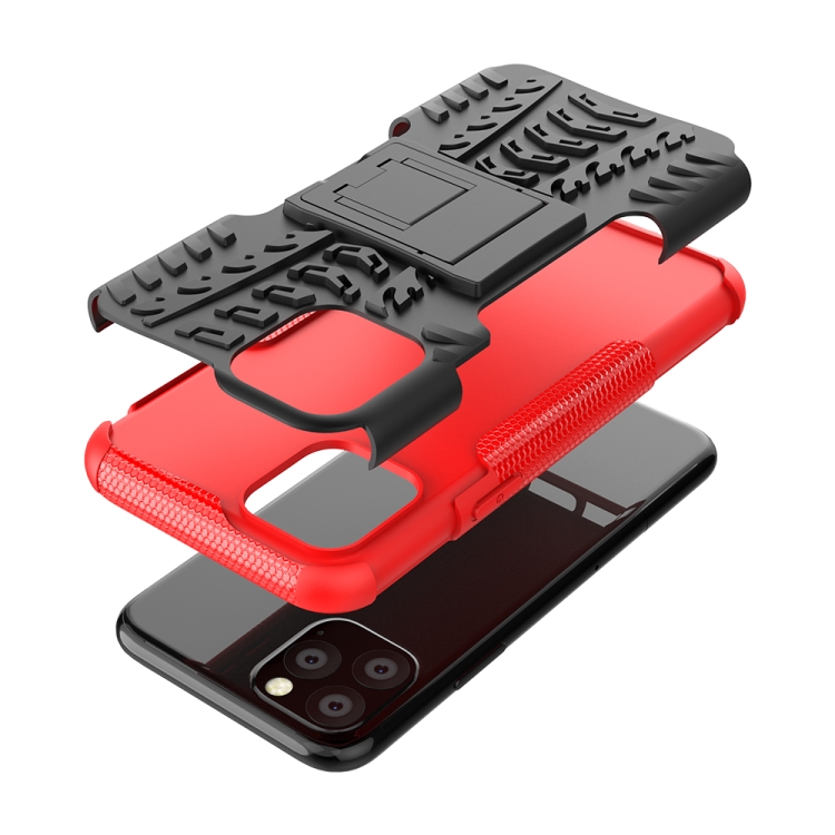 For iPhone 11 Pro Tire Texture TPU + PC Shockproof Case with Holder(Red)