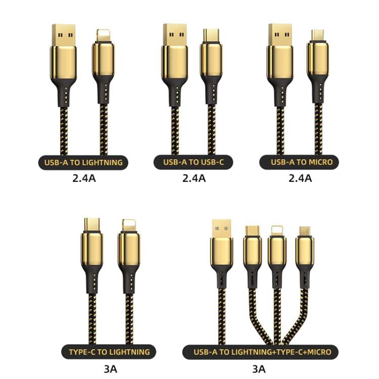 WiWU GD-103 3A USB-C / Type-C to 8 Pin Zinc Alloy + Nylon Braided Data Cable, Cable Length:3m(Gold) WiWU GD-103 3A USB-C / Type-C to 8 Pin Zinc Alloy + Nylon Braided Data Cable, Cable Length:3m(Gold)