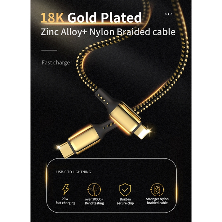 WiWU GD-103 3A USB-C / Type-C to 8 Pin Zinc Alloy + Nylon Braided Data Cable, Cable Length:3m(Gold) WiWU GD-103 3A USB-C / Type-C to 8 Pin Zinc Alloy + Nylon Braided Data Cable, Cable Length:3m(Gold)