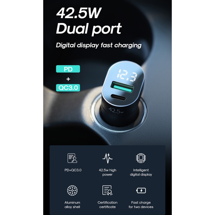 JOYROOM C-A17 42.5W PD USB-C / Type-C + QC3.0 USB Aluminum Alloy Digital Car Charger(Silver) JOYROOM C-A17 42.5W PD USB-C / Type-C + QC3.0 USB Aluminum Alloy Digital Car Charger(Silver)
