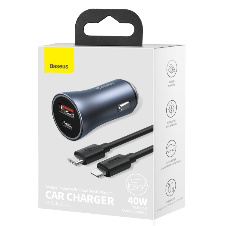 Baseus TZCCJD-B0G 40W USB + Type-C / USB-C Car Fast Charging Charger Set with 1m Type-C / USB-C to 8 Pin Cable(Black) Baseus TZCCJD-B0G 40W USB + Type-C / USB-C Car Fast Charging Charger Set with 1m Type-C / USB-C to 8 Pin Cable(Black)
