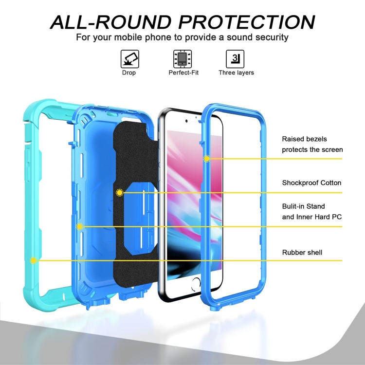 For iPhone SE 2022 / SE 2020 / 8 / 7 PC + Rubber 3-layers Shockproof Protective Case with Rotating Holder(Mint Green + Blue) For iPhone SE 2022 / SE 2020 / 8 / 7 PC + Rubber 3-layers Shockproof Protective Case with Rotating Holder(Mint Green + Blue)