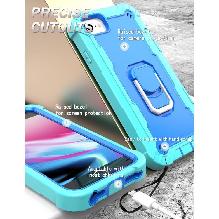 For iPhone SE 2022 / SE 2020 / 8 / 7 PC + Rubber 3-layers Shockproof Protective Case with Rotating Holder(Mint Green + Blue) For iPhone SE 2022 / SE 2020 / 8 / 7 PC + Rubber 3-layers Shockproof Protective Case with Rotating Holder(Mint Green + Blue)