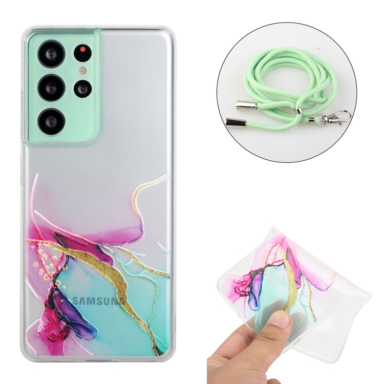 For Samsung Galaxy S21 Ultra 5G Hollow Marble Pattern TPU Shockproof Protective Case with Neck Strap Rope(Green)