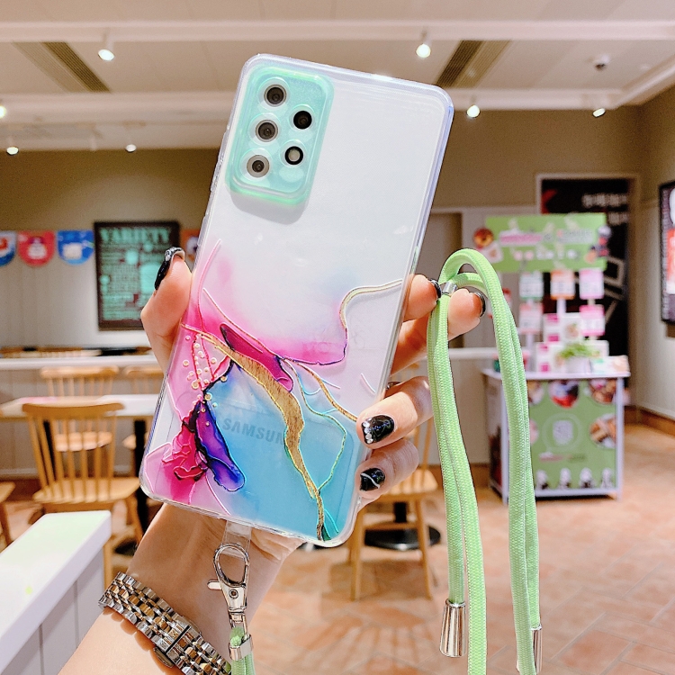 For Samsung Galaxy S21 Ultra 5G Hollow Marble Pattern TPU Shockproof Protective Case with Neck Strap Rope(Green)