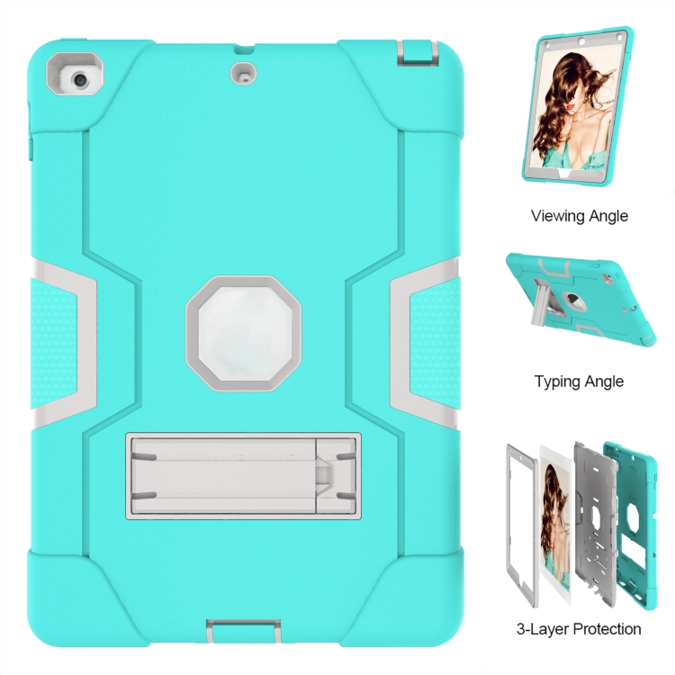 Contrast Color Robot Shockproof Silicone + PC Protective Case with Holder For iPad 9.7 (2017) / (2018)(Grey + Mint Green) Contrast Color Robot Shockproof Silicone + PC Protective Case with Holder For iPad 9.7 (2017) / (2018)(Grey + Mint Green)