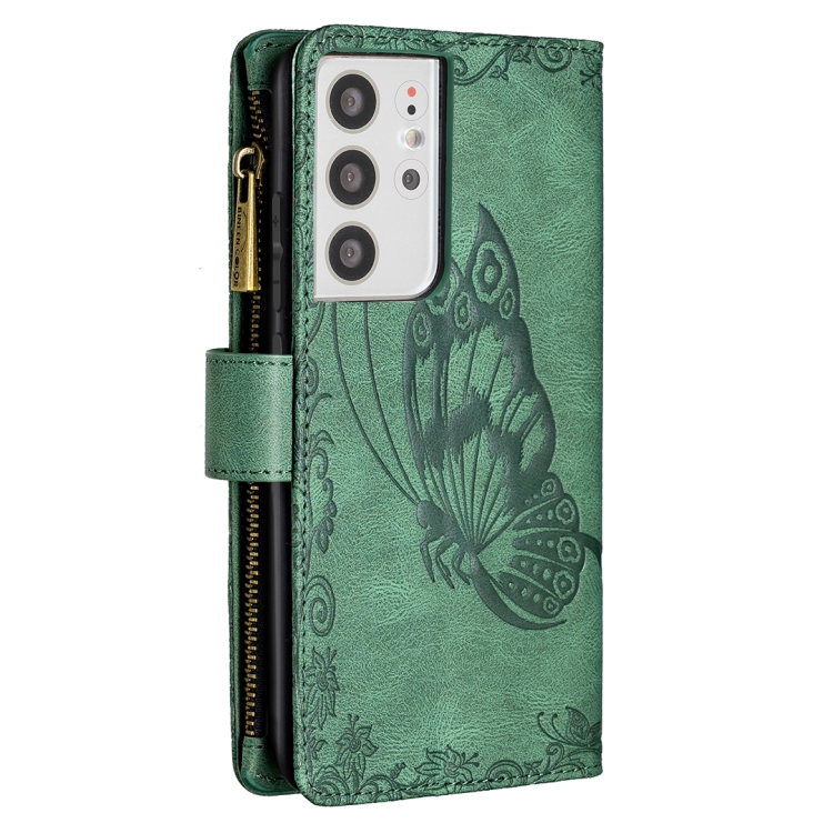 For Samsung Galaxy S21 Ultra 5G Flying Butterfly Embossing Pattern Zipper Horizontal Flip Leather Case with Holder & Card Slots & Wallet(Green)
