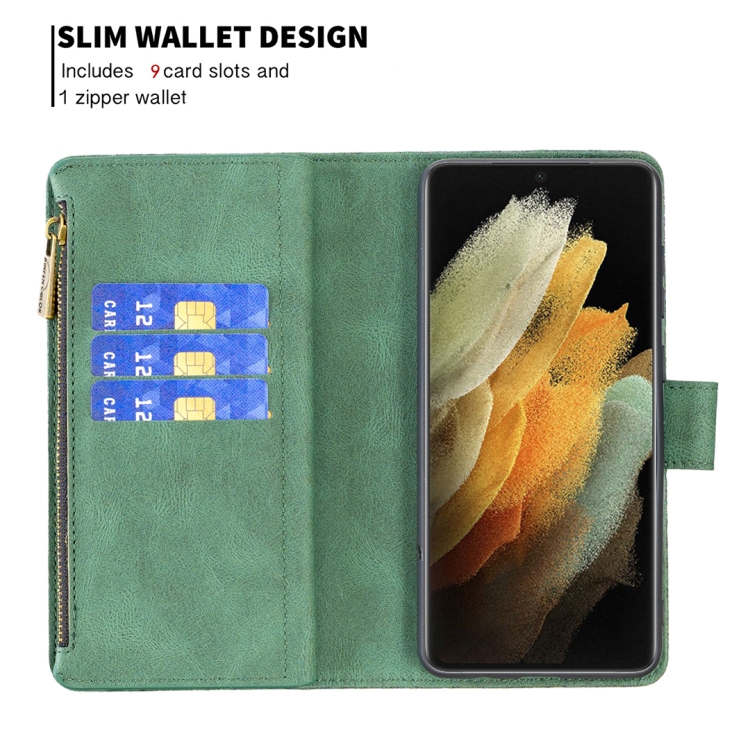 For Samsung Galaxy S21 Ultra 5G Flying Butterfly Embossing Pattern Zipper Horizontal Flip Leather Case with Holder & Card Slots & Wallet(Green)