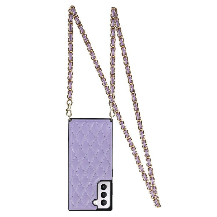 For Samsung Galaxy S21 5G Elegant Rhombic Pattern Microfiber Leather +TPU Shockproof Case with Crossbody Strap Chain(Purple) For Samsung Galaxy S21 5G Elegant Rhombic Pattern Microfiber Leather +TPU Shockproof Case with Crossbody Strap Chain(Purple)