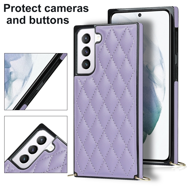 For Samsung Galaxy S21 5G Elegant Rhombic Pattern Microfiber Leather +TPU Shockproof Case with Crossbody Strap Chain(Purple) For Samsung Galaxy S21 5G Elegant Rhombic Pattern Microfiber Leather +TPU Shockproof Case with Crossbody Strap Chain(Purple)