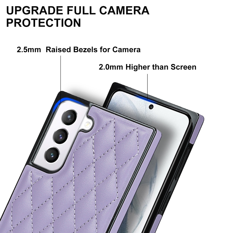For Samsung Galaxy S21 5G Elegant Rhombic Pattern Microfiber Leather +TPU Shockproof Case with Crossbody Strap Chain(Purple) For Samsung Galaxy S21 5G Elegant Rhombic Pattern Microfiber Leather +TPU Shockproof Case with Crossbody Strap Chain(Purple)