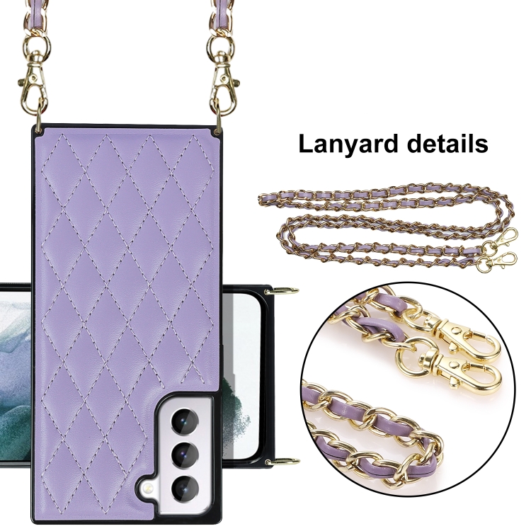 For Samsung Galaxy S21 5G Elegant Rhombic Pattern Microfiber Leather +TPU Shockproof Case with Crossbody Strap Chain(Purple) For Samsung Galaxy S21 5G Elegant Rhombic Pattern Microfiber Leather +TPU Shockproof Case with Crossbody Strap Chain(Purple)