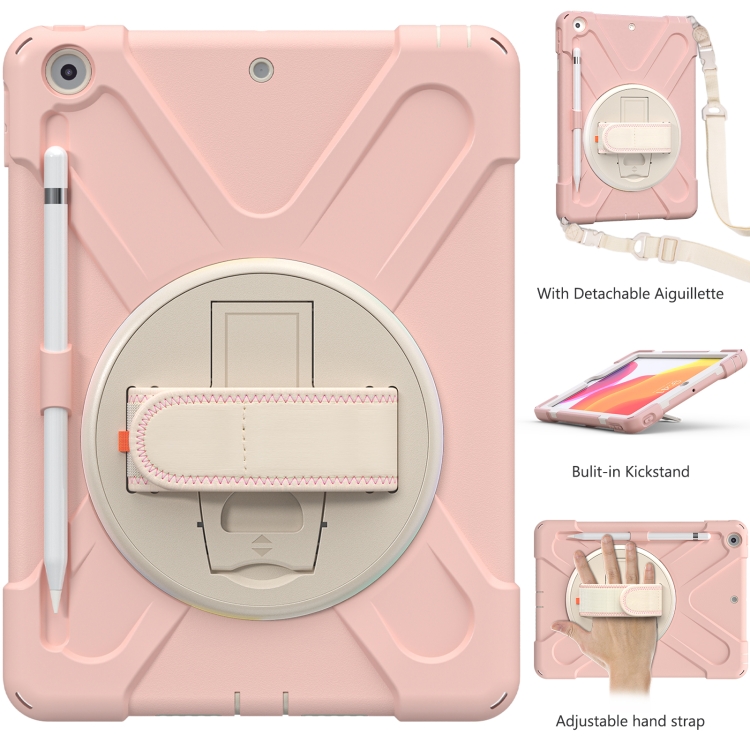 For iPad 10.2 2021 / 2020 / 2019 Pure Color Silicone + PC Protective Case with Holder & Shoulder Strap(Sakura Pink)