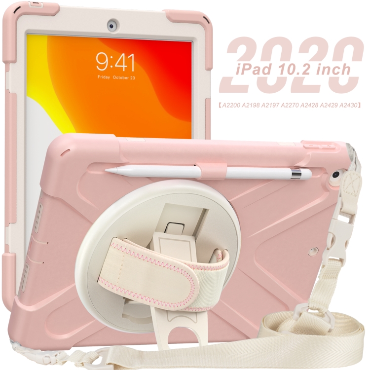 For iPad 10.2 2021 / 2020 / 2019 Pure Color Silicone + PC Protective Case with Holder & Shoulder Strap(Sakura Pink)