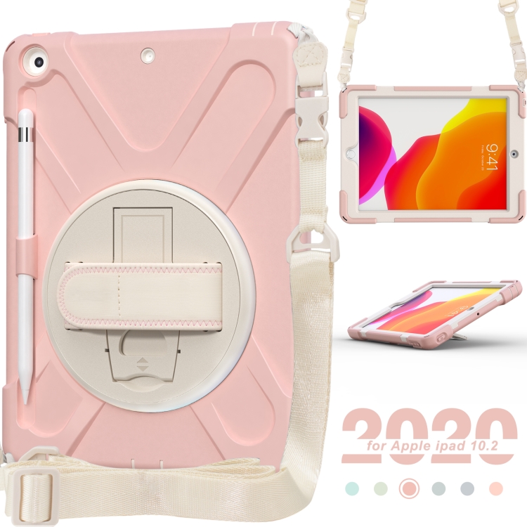 For iPad 10.2 2021 / 2020 / 2019 Pure Color Silicone + PC Protective Case with Holder & Shoulder Strap(Sakura Pink)