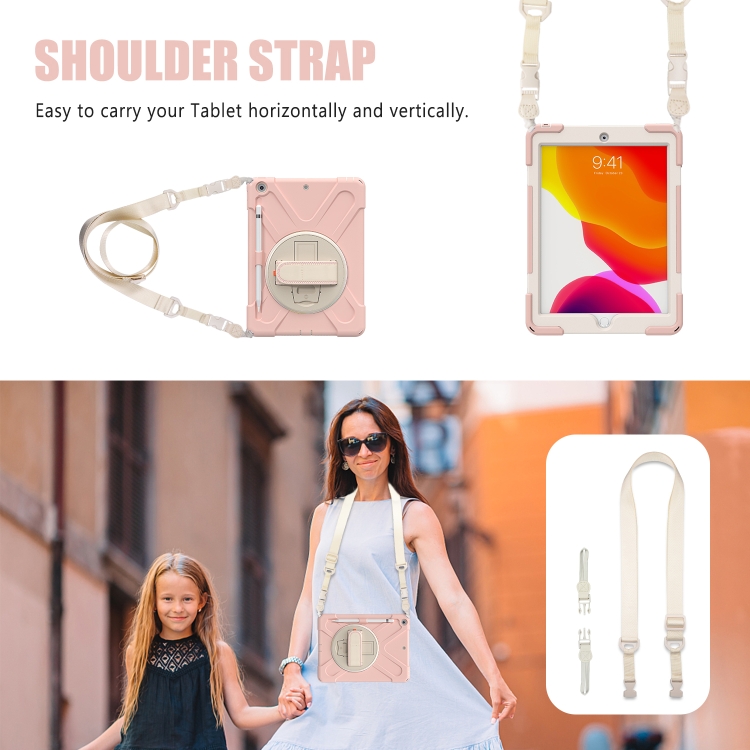 For iPad 10.2 2021 / 2020 / 2019 Pure Color Silicone + PC Protective Case with Holder & Shoulder Strap(Sakura Pink)