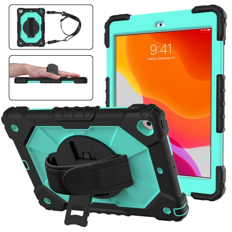For iPad 10.2 2021 / 2020 / 2019 Contrast Color Robot Shockproof Silicon + PC Protective Case with Holder & Shoulder Strap(Black Mint) For iPad 10.2 2021 / 2020 / 2019 Contrast Color Robot Shockproof Silicon + PC Protective Case with Holder & Shoulder Strap(Black Mint)