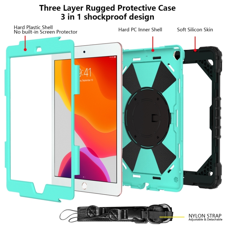 For iPad 10.2 2021 / 2020 / 2019 Contrast Color Robot Shockproof Silicon + PC Protective Case with Holder & Shoulder Strap(Black Mint) For iPad 10.2 2021 / 2020 / 2019 Contrast Color Robot Shockproof Silicon + PC Protective Case with Holder & Shoulder Strap(Black Mint)
