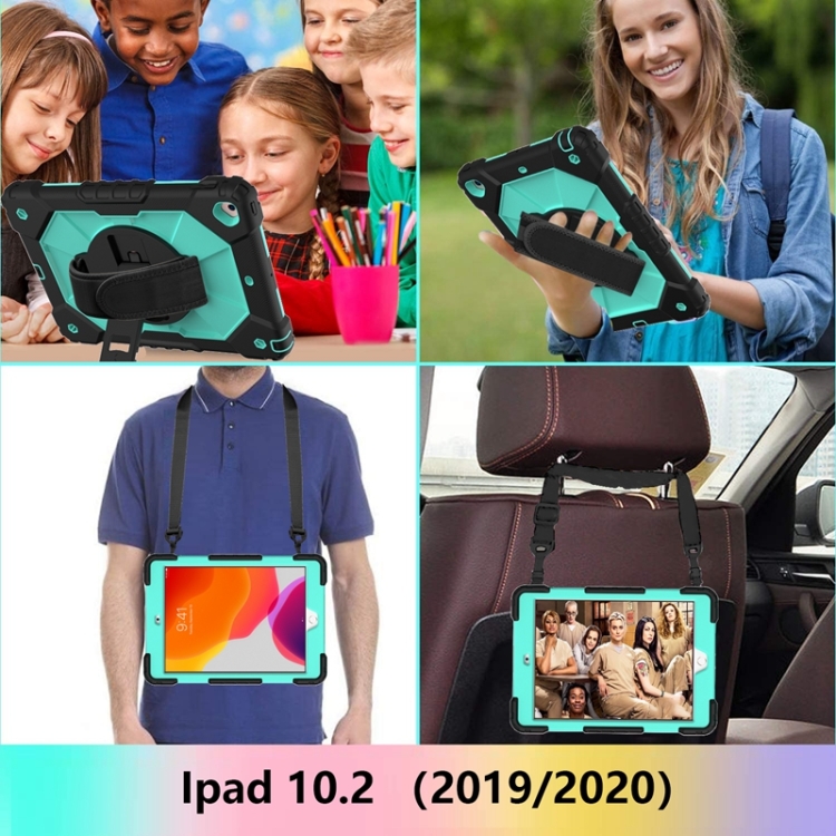 For iPad 10.2 2021 / 2020 / 2019 Contrast Color Robot Shockproof Silicon + PC Protective Case with Holder & Shoulder Strap(Black Mint) For iPad 10.2 2021 / 2020 / 2019 Contrast Color Robot Shockproof Silicon + PC Protective Case with Holder & Shoulder Strap(Black Mint)
