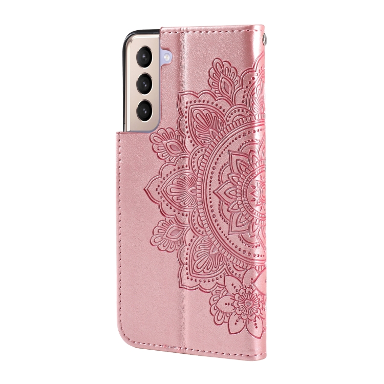 For Samsung Galaxy S21+ 5G 7-petal Flowers Embossing Pattern Horizontal Flip PU Leather Case with Holder & Card Slots & Wallet & Photo Frame(Rose Gold)