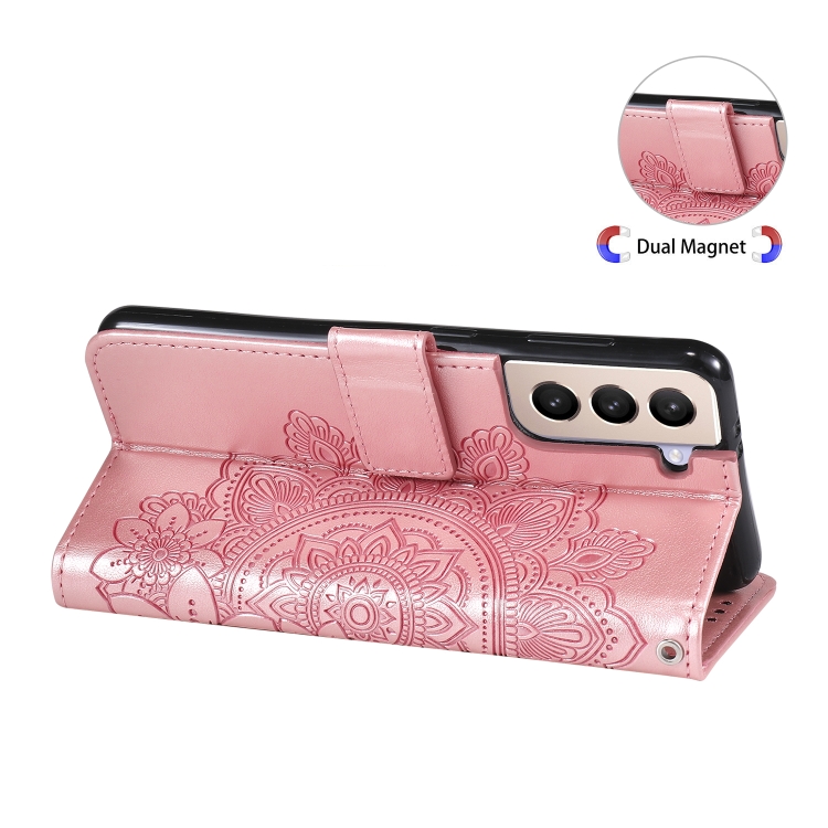 For Samsung Galaxy S21+ 5G 7-petal Flowers Embossing Pattern Horizontal Flip PU Leather Case with Holder & Card Slots & Wallet & Photo Frame(Rose Gold)