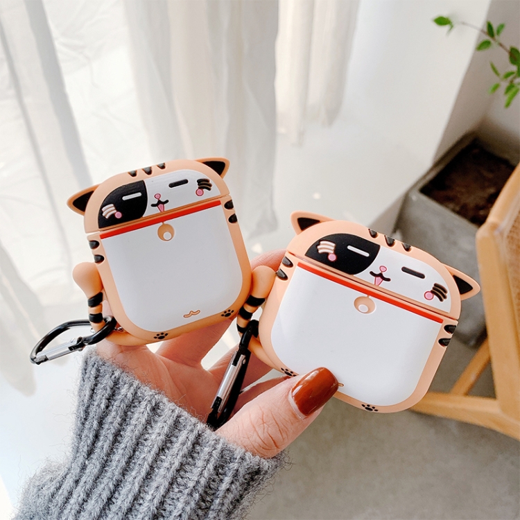 Wireless Earphones Cartoon Cat Anti-fall Protective Case with Hook Up For AirPods Pro(White Orange)